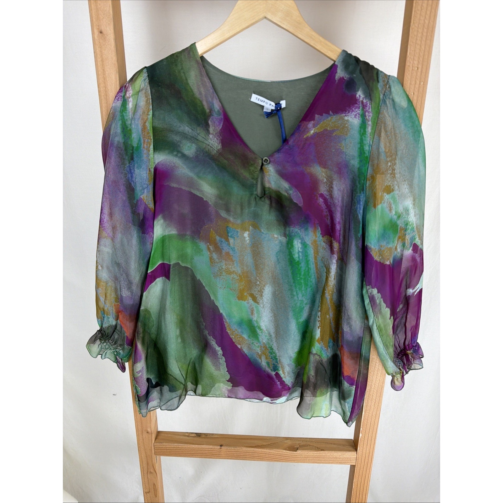 Nwt Tempo Paris Multicolored V-Neck Lined Silk Blend Blouse #0943 Med